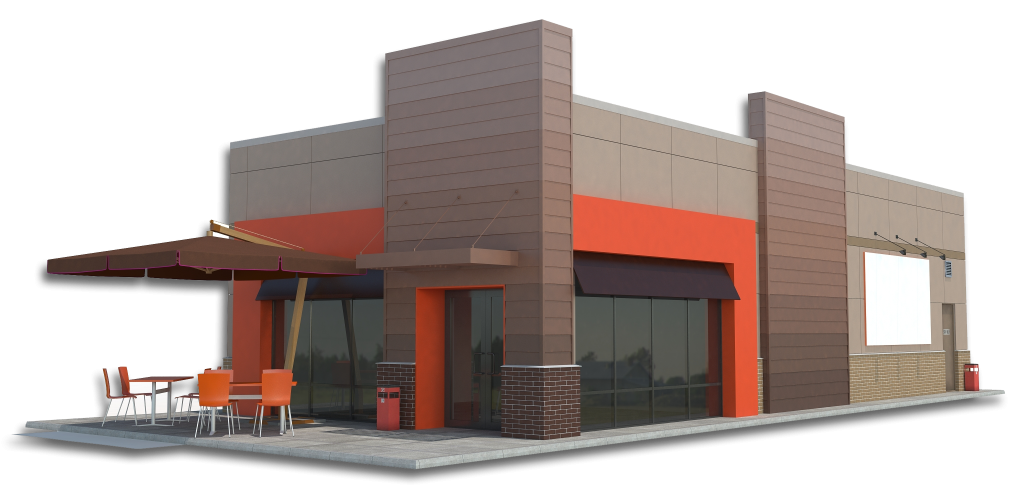 Exterior view of a storefront with orange accents, large windows, outdoor seating, and a prominent awning.