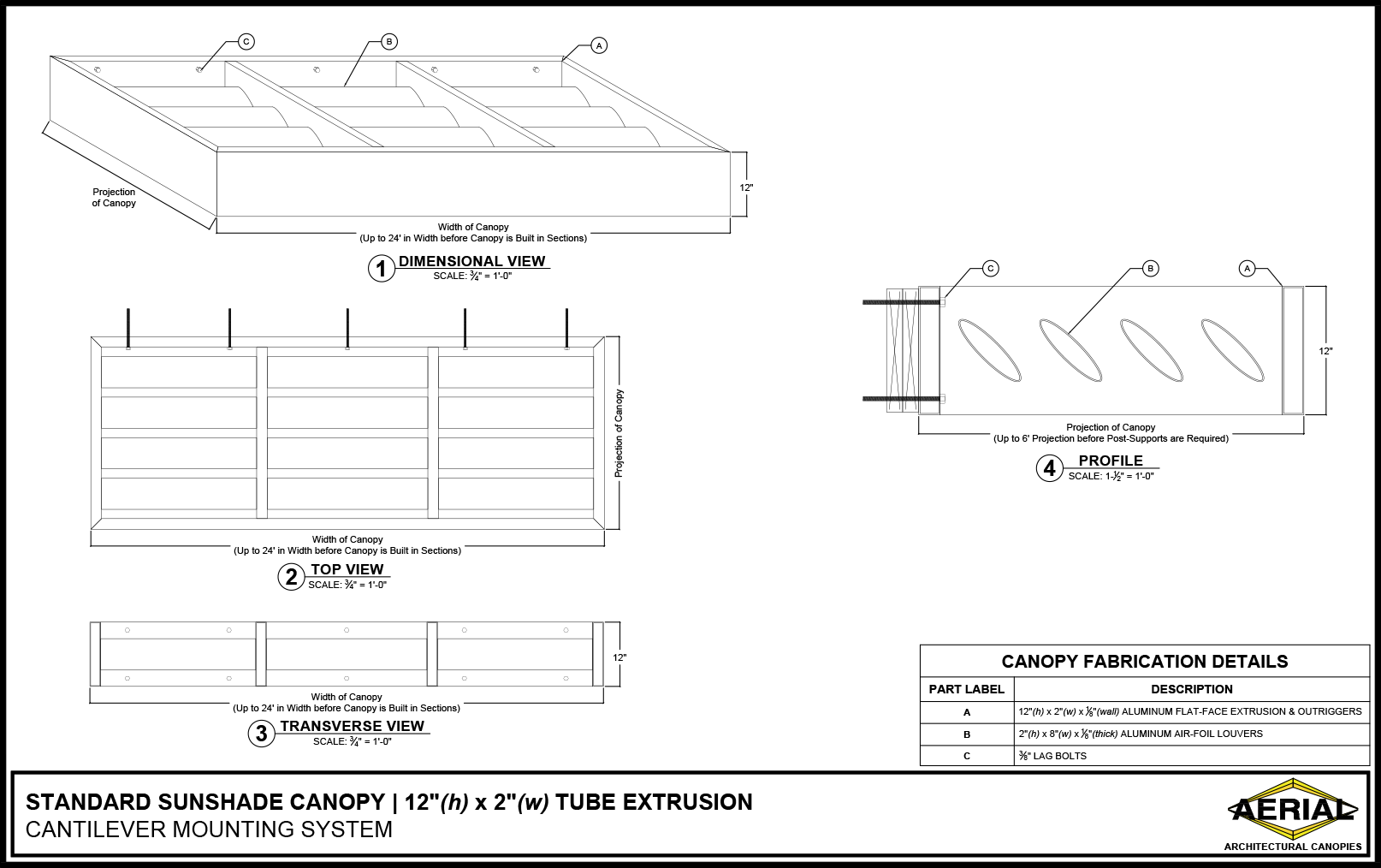 Detailed specification drawing of a standard sunshade canopy with dimensional, top, and profile views.