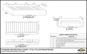 Standard architectural canopy specifications detailing dimensions and mounting system features for a 12-inch by 4-inch design.
