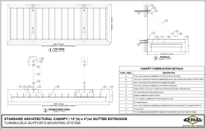 Architectural canopy specifications featuring turnbuckle supports and mounting system details with measurements and part labels.