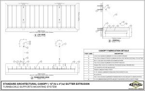 Turnbuckle-supports mounting system for a 12"h x 4"w standard architectural canopy showing assembly details and dimensions.