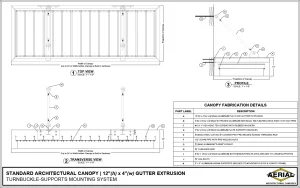 Detailed diagram showing specifications and fabrication details for a 12-inch high by 4-inch wide architectural canopy system.