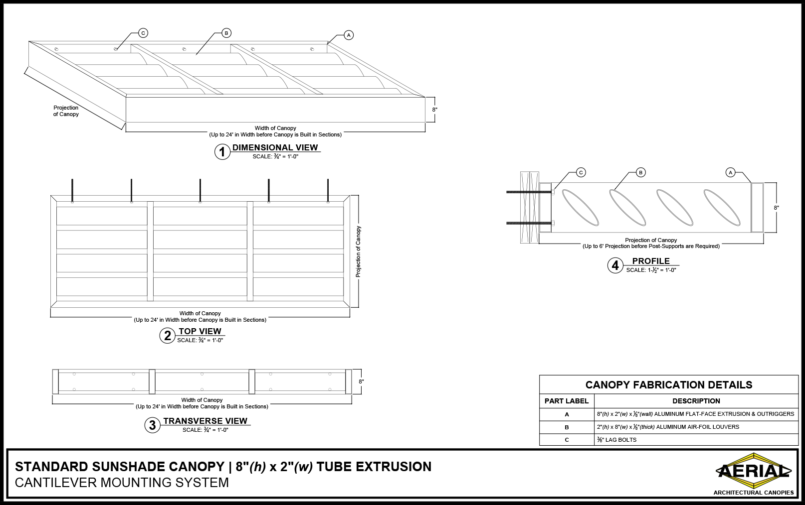 Standard sunshade canopy specifications, featuring dimensional, top, and transverse views with detailed fabrication information.