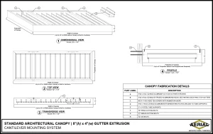 Dimensions and fabrication details for an 8-inch high by 4-inch wide architectural cantilever canopy system.