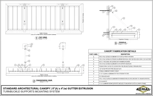 Detailed architectural canopy specifications with dimensions, fabrication details, and mounting system components.