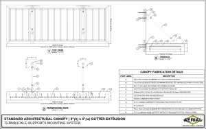 Detailed drawing of a standard 8x4 inch architectural canopy turnbuckle mounting system with dimensions and specifications.