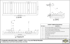 Technical drawing showing the specifications for the standard architectural canopy's turnbuckle-supports mounting system.